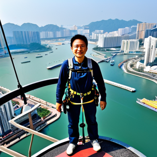 Home 21 A professional image of an individual, fully clothed in appropriate, modest attire and a safety harness, standing at the very edge of the Macau Tower bungee jump platform. The subject's pose conveys anticipation and focus, looking out over a vast, clear blue sky and the miniature cityscape of Macau stretching out below. The scene is captured with professional photography, showcasing perfect anatomy, correct proportions, well-formed hands, proper finger count, and natural body proportions, ensuring a safe for work, appropriate content, and family-friendly image.