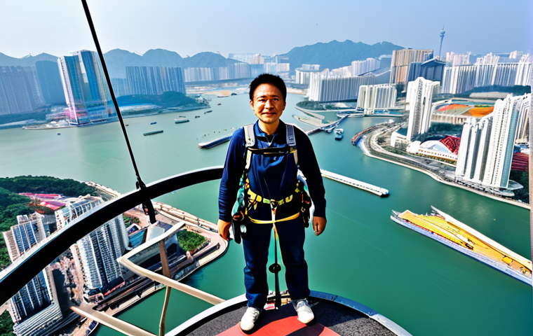 A professional image of an individual, fully clothed in appropriate, modest attire and a safety harness, standing at the very edge of the Macau Tower bungee jump platform. The subject's pose conveys anticipation and focus, looking out over a vast, clear blue sky and the miniature cityscape of Macau stretching out below. The scene is captured with professional photography, showcasing perfect anatomy, correct proportions, well-formed hands, proper finger count, and natural body proportions, ensuring a safe for work, appropriate content, and family-friendly image.