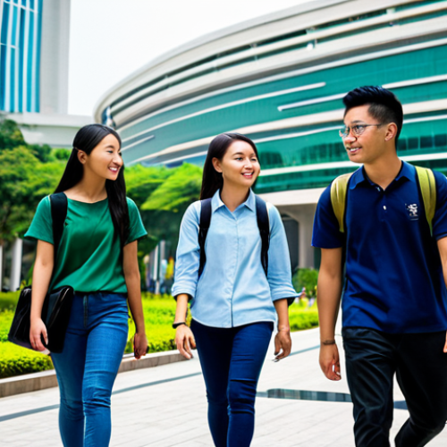 Home 19 A diverse group of young adult university students, male and female, in modern, comfortable, and modest university attire, walking through the ultra-modern and architecturally stunning campus of the University of Macau. The background features sleek, innovative glass buildings and lush green spaces, reflecting a vibrant, multicultural academic atmosphere. safe for work, appropriate content, fully clothed, professional, high quality, perfect anatomy, correct proportions, natural pose, well-formed hands, proper finger count, natural body proportions.