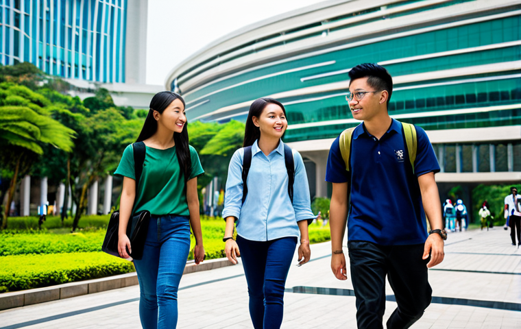 A diverse group of young adult university students, male and female, in modern, comfortable, and modest university attire, walking through the ultra-modern and architecturally stunning campus of the University of Macau. The background features sleek, innovative glass buildings and lush green spaces, reflecting a vibrant, multicultural academic atmosphere. safe for work, appropriate content, fully clothed, professional, high quality, perfect anatomy, correct proportions, natural pose, well-formed hands, proper finger count, natural body proportions.