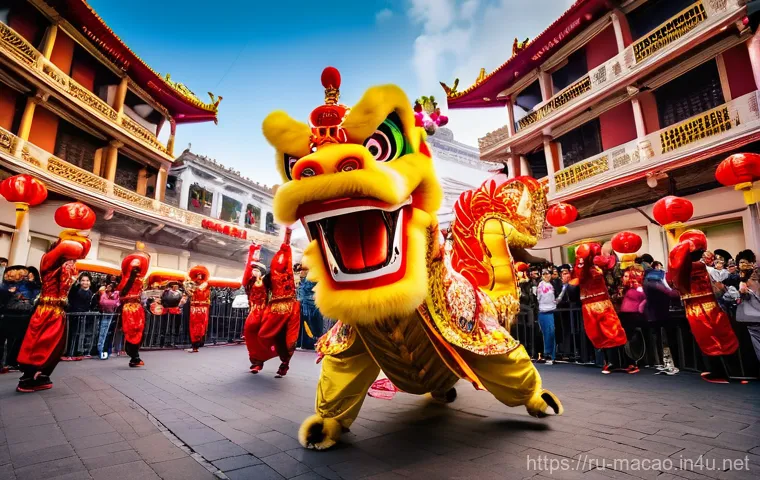 마카오 춘절 사자춤과 불꽃놀이 - Prompt 1: Vibrant Macau Chinese New Year Parade on Senado Square**