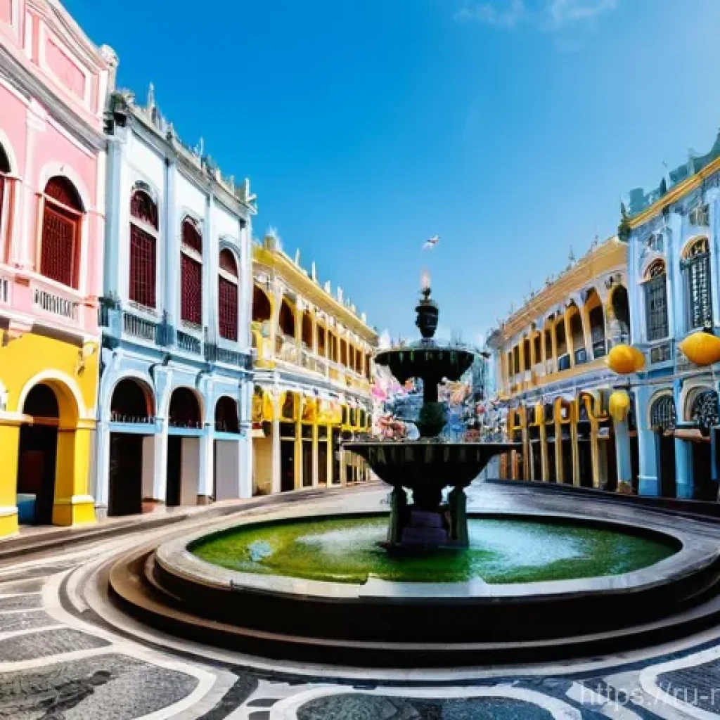 마카오 관광 필수 코스 - **Macau's Historic Senado Square:**
    A vibrant, sunlit panoramic view of Senado Square in Macau, ...