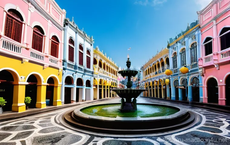 마카오 관광 필수 코스 - **Macau's Historic Senado Square:**
A vibrant, sunlit panoramic view of Senado Square in Macau, ...