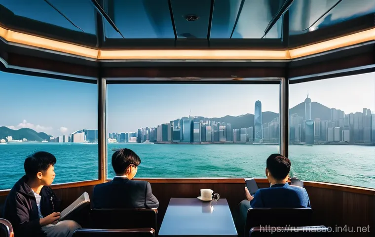 마카오와 홍콩 교통 연결 방법 - **Prompt for Ferry Journey:**
"A wide-angle, scenic shot from the deck of a modern passenger fer...