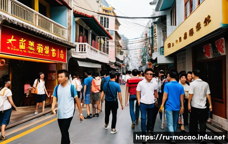 마카오 최신 사건 사고 - A bustling street scene in Macau during a busy tourist season, showing diverse groups of people navi...