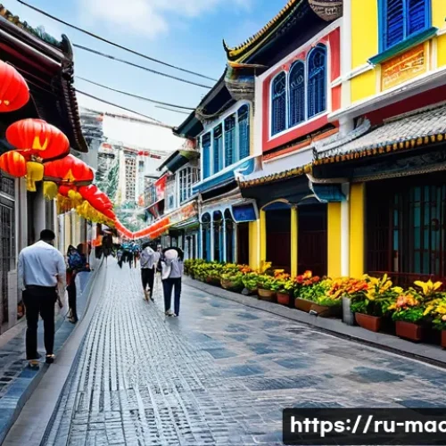 Home 31 마카오의 포르투갈 식민지배 - A vibrant street scene in Macau's historic old town, showcasing a harmonious blend of Portuguese col...