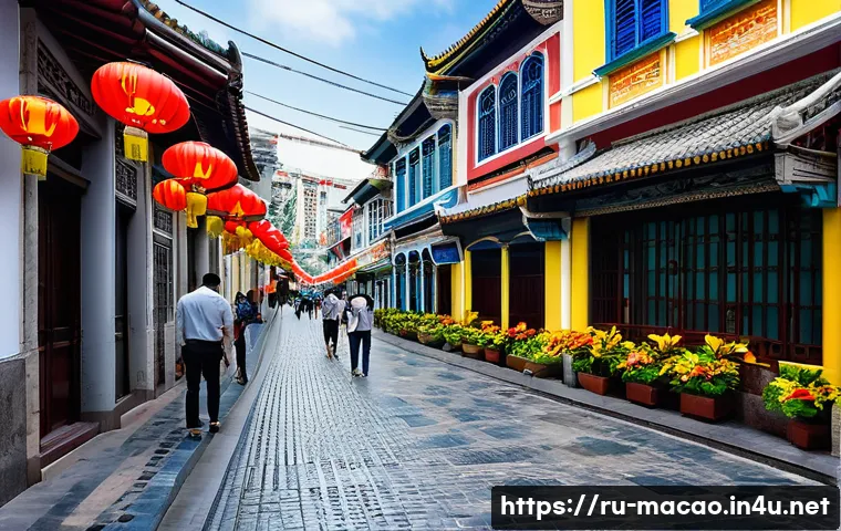 마카오의 포르투갈 식민지배 - A vibrant street scene in Macau's historic old town, showcasing a harmonious blend of Portuguese col...