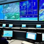 Home 23 마카오의 자연재해와 예방책 - A modern urban disaster monitoring center in Macau featuring large digital screens displaying real-t...
