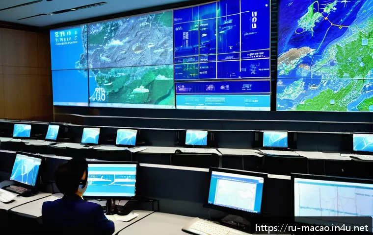 마카오의 자연재해와 예방책 - A modern urban disaster monitoring center in Macau featuring large digital screens displaying real-t...