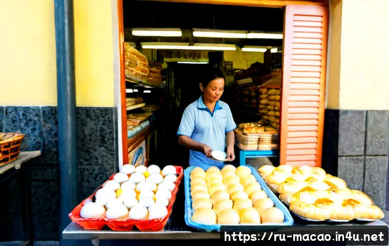 Home 17 마카오 로컬시장 먹거리 - Photorealistic morning scene inside a traditional Macau neighborhood food market, a friendly vendor ...