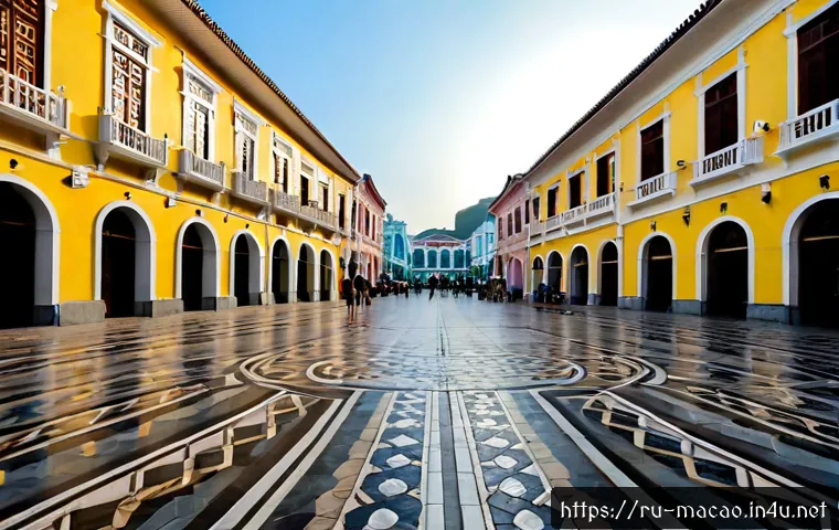 Home 17 마카오의 유네스코 세계문화유산 - Photorealistic wide-angle morning view of Macau’s historic colonial square, elegant pastel Portugues...
