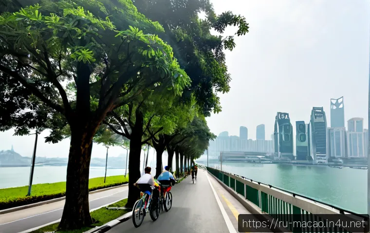 마카오의 환경 문제와 대책 - Photorealistic wide view of Macau’s dense waterfront skyline under light urban haze, electric buses ...