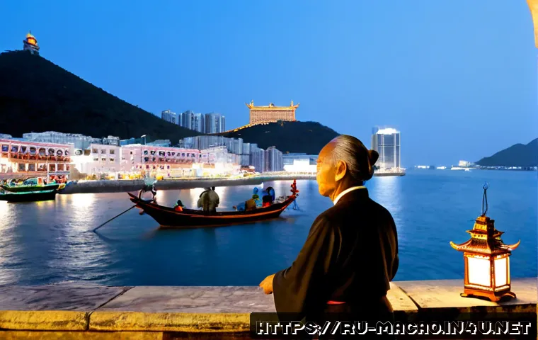 마카오 기원설과 전설 - Photorealistic twilight panorama of Macau’s historic harbor, calm South China Sea waters and traditi...