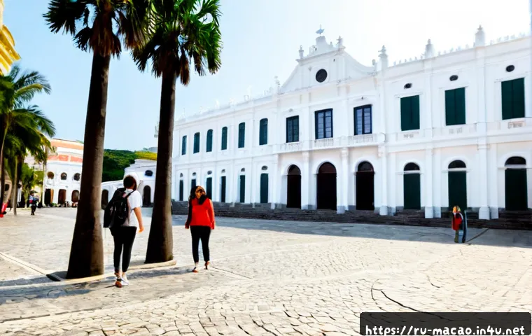 Home 17 마카오 박물관 추천 - Photorealistic wide-angle exterior of a historic Macau museum housed in elegant Portuguese colonial ...