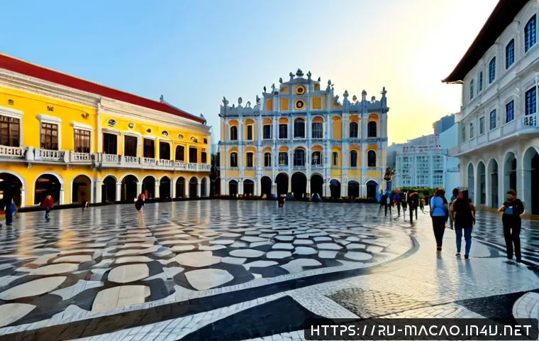 Home 17 마카오의 포르투갈 문화 유산 - Photorealistic wide-angle view of Macau’s Portuguese colonial heritage district at golden hour, eleg...